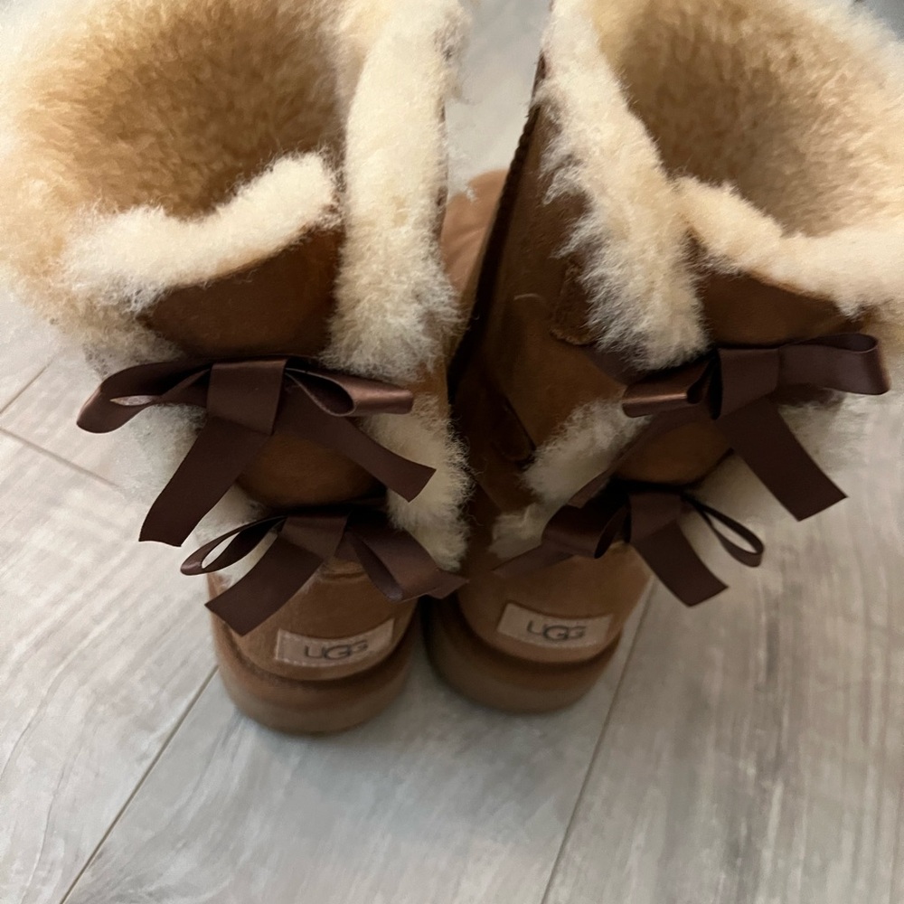 UGG Chestnut Suede Boots with Brown Ribbon Detail